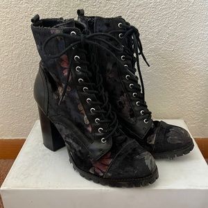 Floral Velvet Heeled Combat Boots